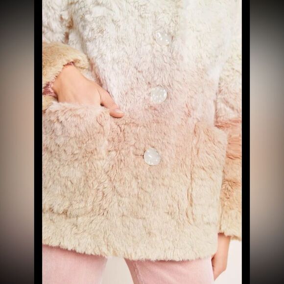 Anthropologie Womens Ivory Button Front Ombre Plush Faux Fur Coat Size M - Picture 4 of 16